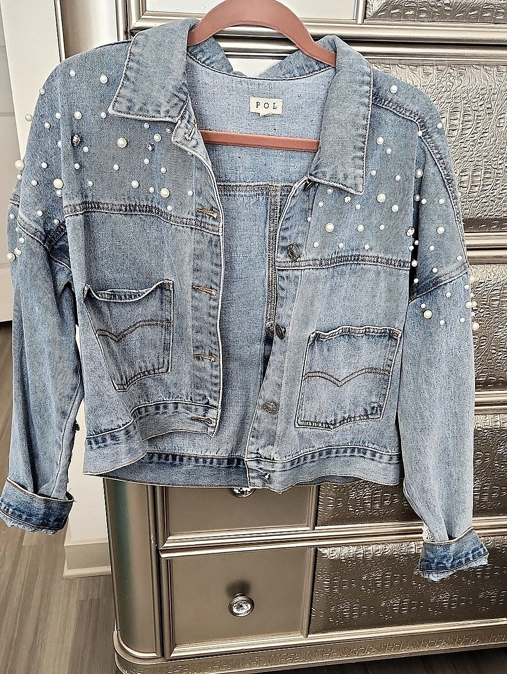 POL Pearl and Rhinestone Embellished Denim Jacket Blue & White